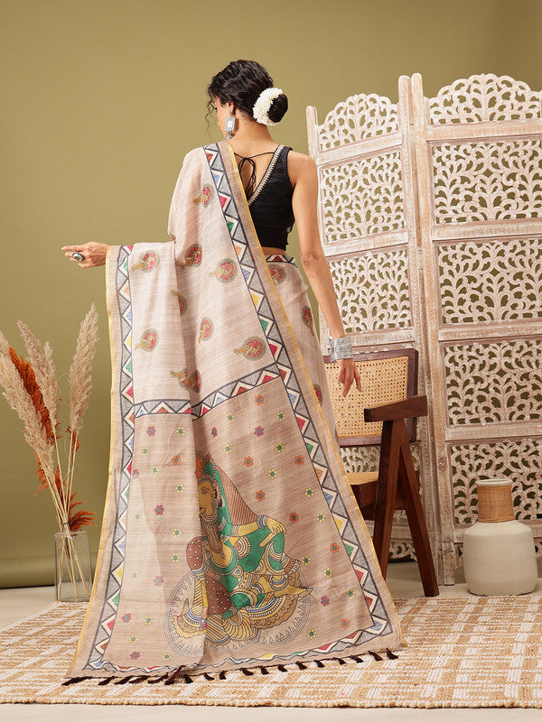 Beige Cotton Blend Printed Madhubani Saree with Unstitched Blouse - Hiral Fashion | Swadesiicart