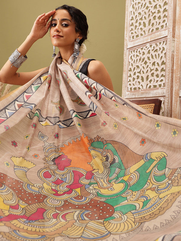 Beige Cotton Blend Printed Madhubani Saree with Unstitched Blouse - Hiral Fashion | Swadesiicart