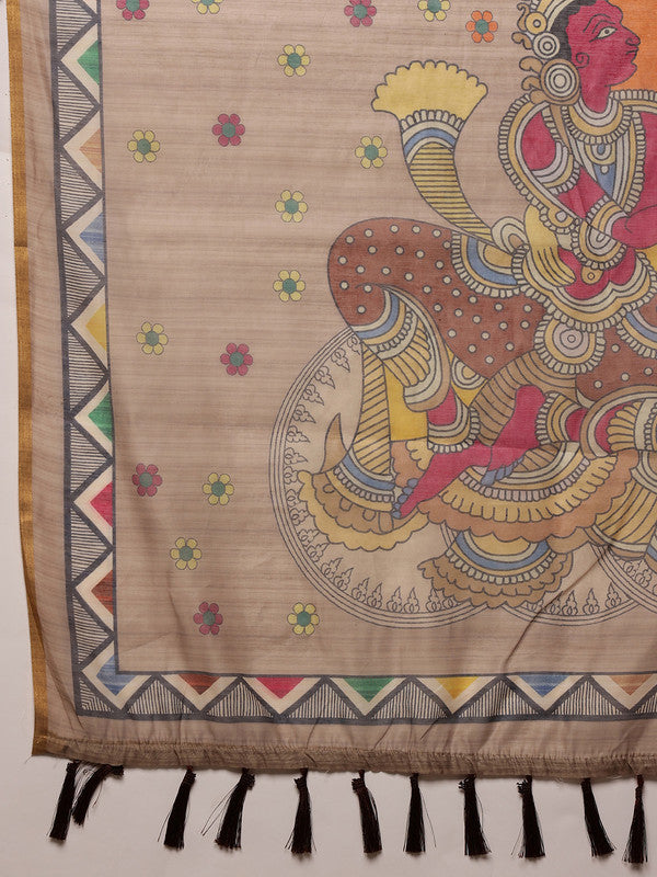 Beige Cotton Blend Printed Madhubani Saree with Unstitched Blouse - Hiral Fashion | Swadesiicart
