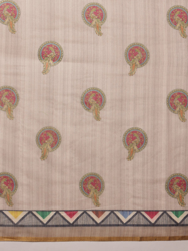 Beige Cotton Blend Printed Madhubani Saree with Unstitched Blouse - Hiral Fashion | Swadesiicart