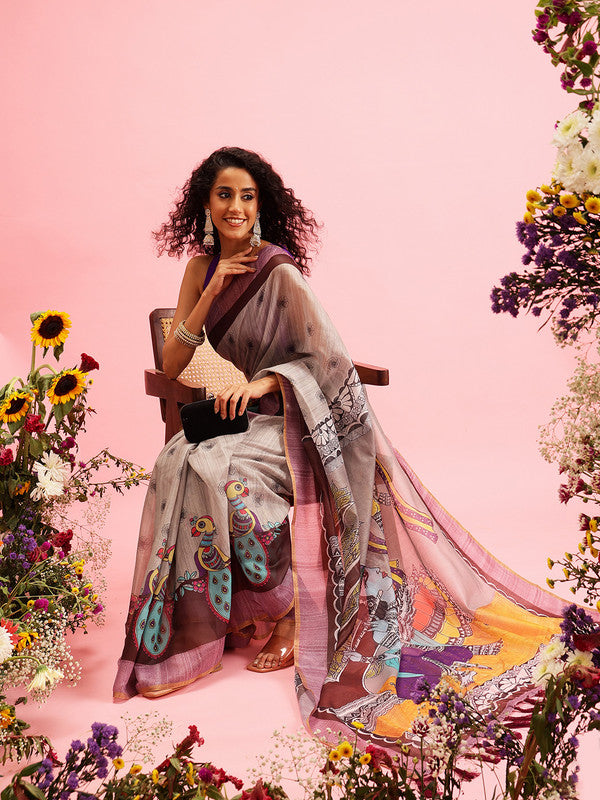 Gray Cotton Blend Printed Madhubani Saree with Unstitched Blouse - Hiral Fashion | Swadesiicart