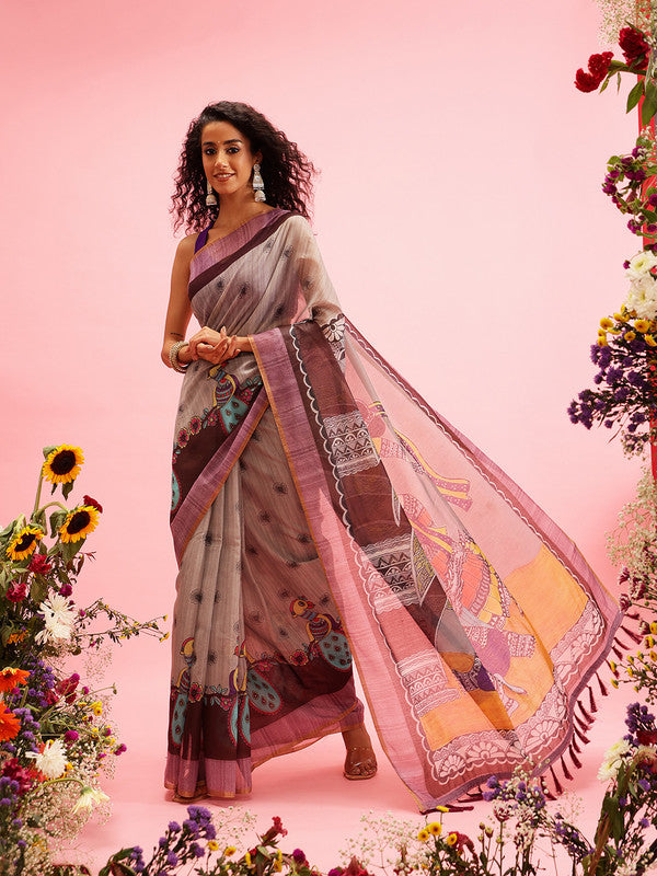 Gray Cotton Blend Printed Madhubani Saree with Unstitched Blouse - Hiral Fashion | Swadesiicart