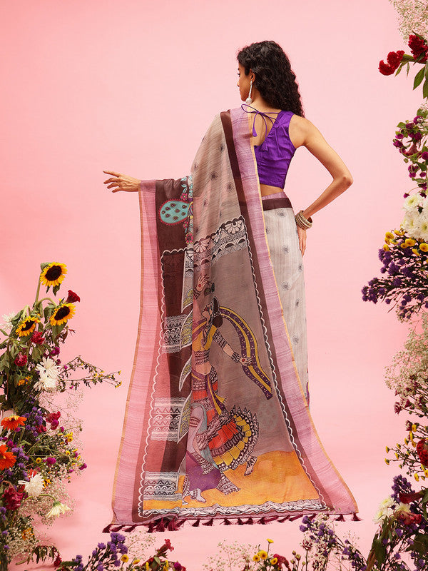 Gray Cotton Blend Printed Madhubani Saree with Unstitched Blouse - Hiral Fashion | Swadesiicart
