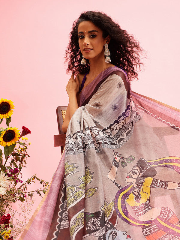 Gray Cotton Blend Printed Madhubani Saree with Unstitched Blouse - Hiral Fashion | Swadesiicart