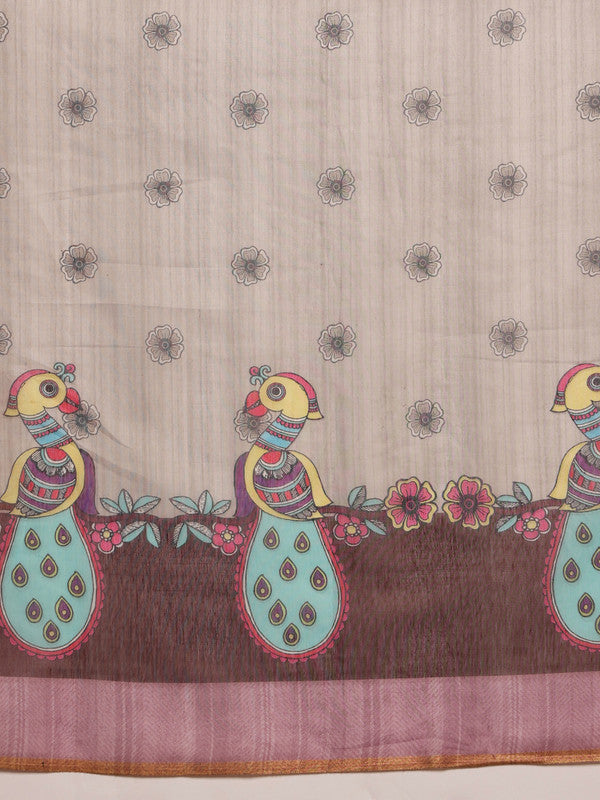 Gray Cotton Blend Printed Madhubani Saree with Unstitched Blouse - Hiral Fashion | Swadesiicart