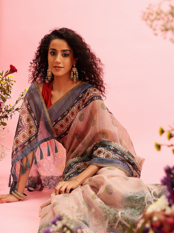 Beige Cotton Blend Printed Madhubani Saree with Unstitched Blouse - Hiral Fashion | Swadesiicart