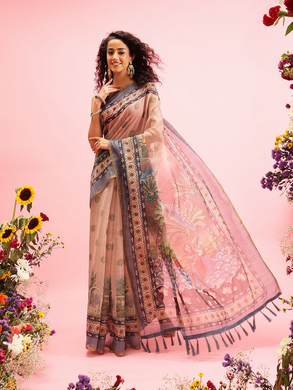 Beige Cotton Blend Printed Madhubani Saree with Unstitched Blouse - Hiral Fashion | Swadesiicart