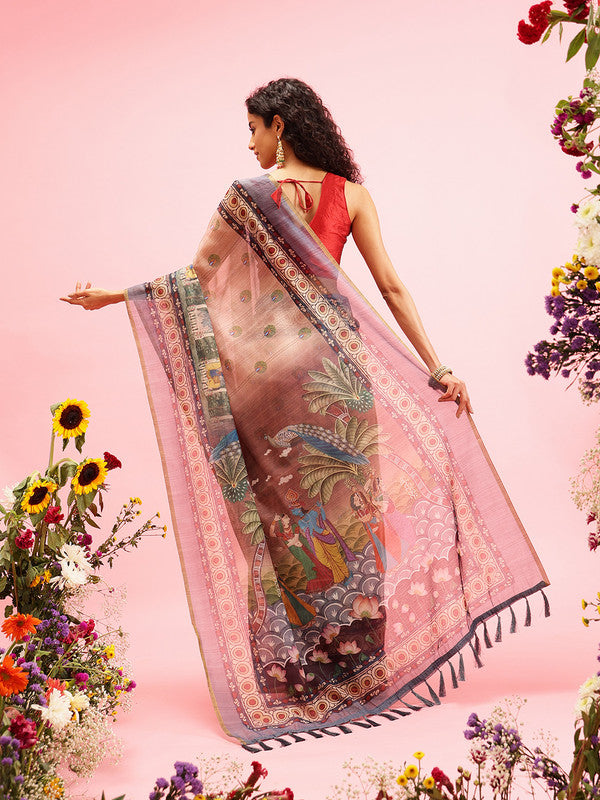 Beige Cotton Blend Printed Madhubani Saree with Unstitched Blouse - Hiral Fashion | Swadesiicart