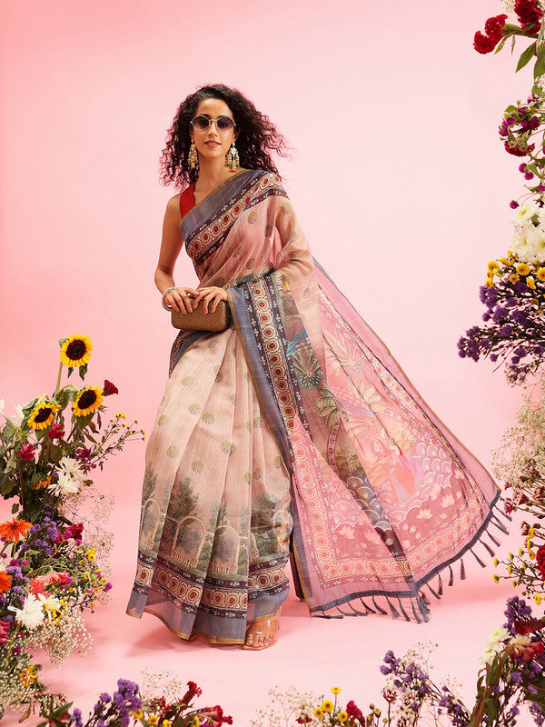 Beige Cotton Blend Printed Madhubani Saree with Unstitched Blouse - Hiral Fashion | Swadesiicart