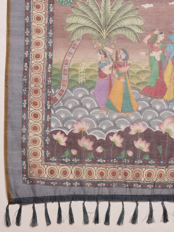 Beige Cotton Blend Printed Madhubani Saree with Unstitched Blouse - Hiral Fashion | Swadesiicart