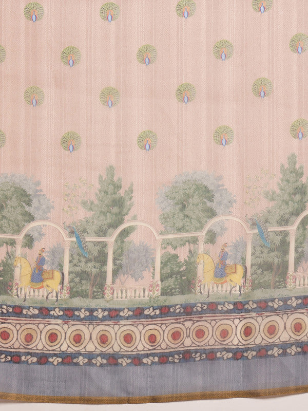 Beige Cotton Blend Printed Madhubani Saree with Unstitched Blouse - Hiral Fashion | Swadesiicart