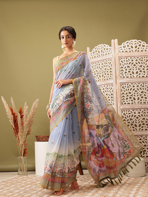 Gray Cotton Blend Printed Madhubani Saree with Unstitched Blouse - Hiral Fashion | Swadesiicart