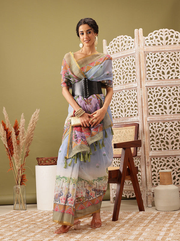 Gray Cotton Blend Printed Madhubani Saree with Unstitched Blouse - Hiral Fashion | Swadesiicart
