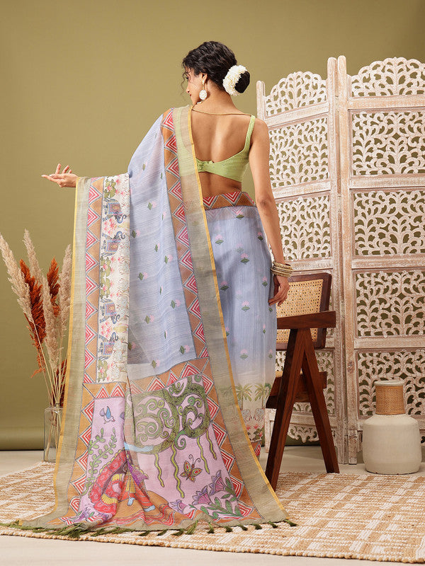 Gray Cotton Blend Printed Madhubani Saree with Unstitched Blouse - Hiral Fashion | Swadesiicart
