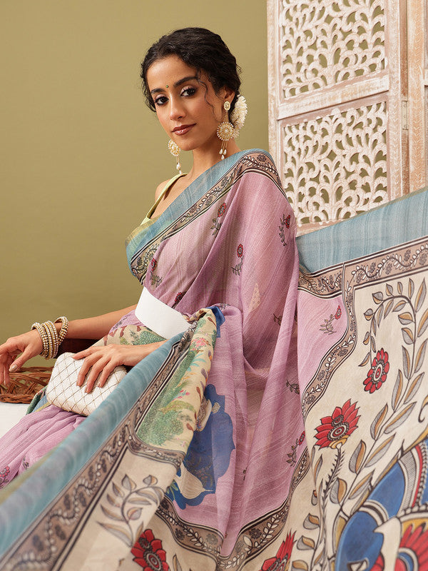 Pink Cotton Blend Printed Madhubani Saree with Unstitched Blouse - Hiral Fashion | Swadesiicart