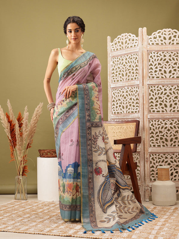 Pink Cotton Blend Printed Madhubani Saree with Unstitched Blouse - Hiral Fashion | Swadesiicart