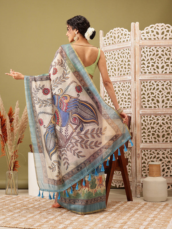Pink Cotton Blend Printed Madhubani Saree with Unstitched Blouse - Hiral Fashion | Swadesiicart