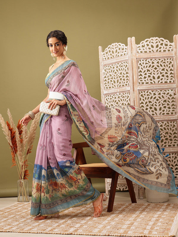 Pink Cotton Blend Printed Madhubani Saree with Unstitched Blouse - Hiral Fashion | Swadesiicart