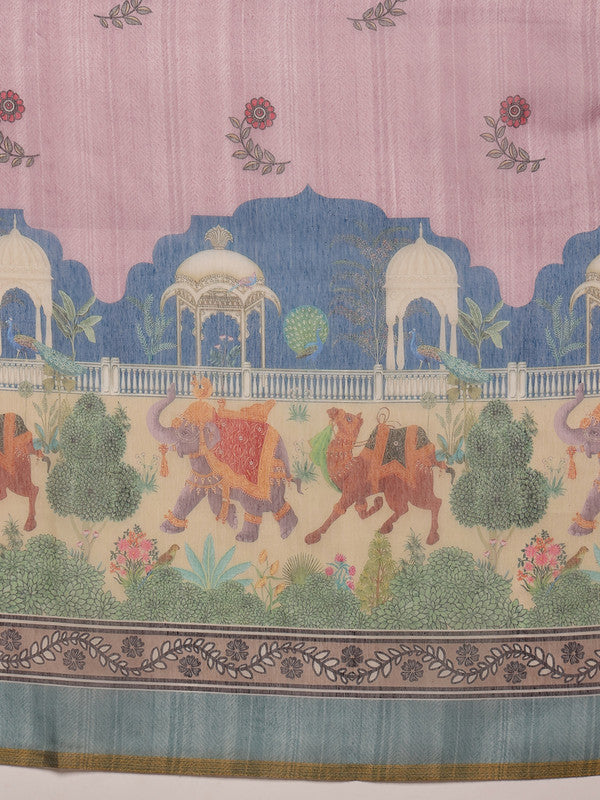 Pink Cotton Blend Printed Madhubani Saree with Unstitched Blouse - Hiral Fashion | Swadesiicart