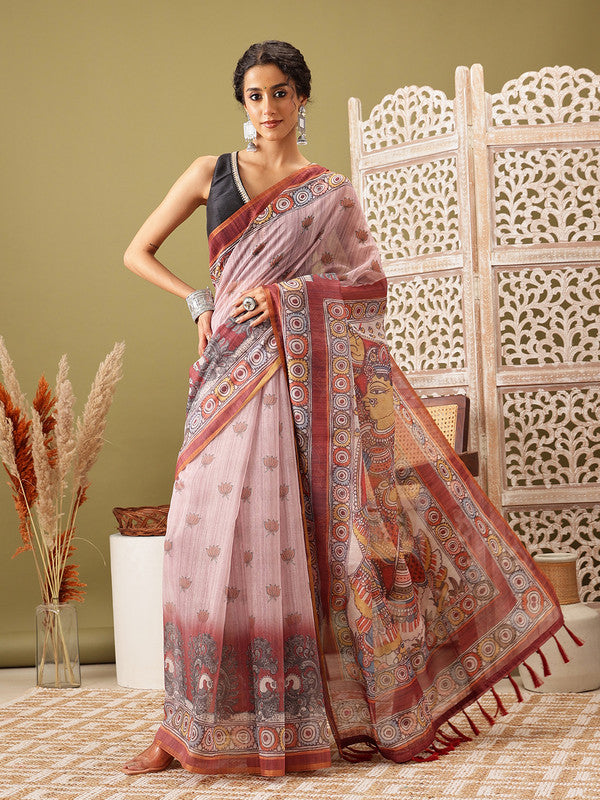 Rust Cotton Blend Printed Madhubani Saree with Unstitched Blouse - Hiral Fashion | Swadesiicart