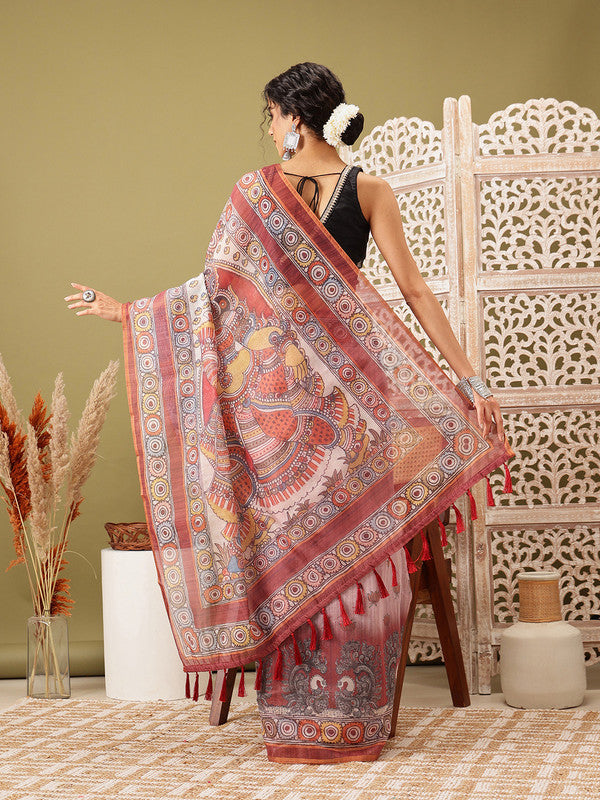 Rust Cotton Blend Printed Madhubani Saree with Unstitched Blouse - Hiral Fashion | Swadesiicart