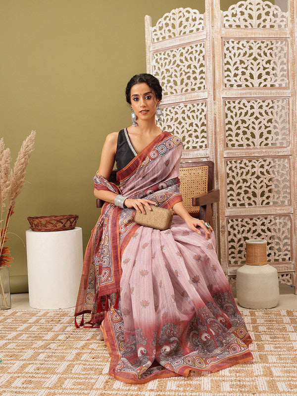 Rust Cotton Blend Printed Madhubani Saree with Unstitched Blouse - Hiral Fashion | Swadesiicart