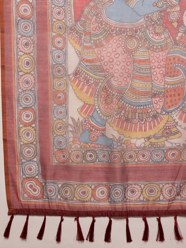 Rust Cotton Blend Printed Madhubani Saree with Unstitched Blouse - Hiral Fashion | Swadesiicart
