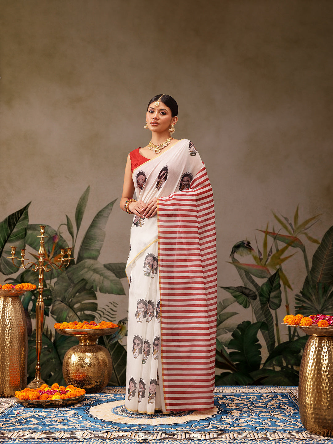 Hiral Fashion Beige Chanderi Cotton Blend Abstract Digital Print Saree | Swadesiicart