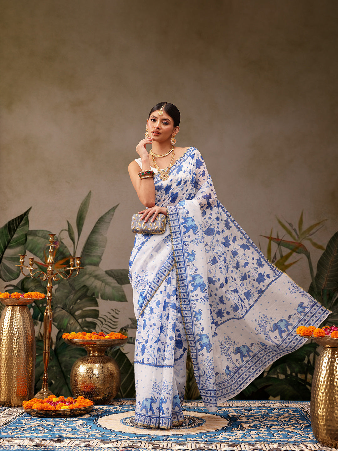 Hiral Fashion White Chanderi Cotton Blend Floral Digital Print Saree | Swadesiicart