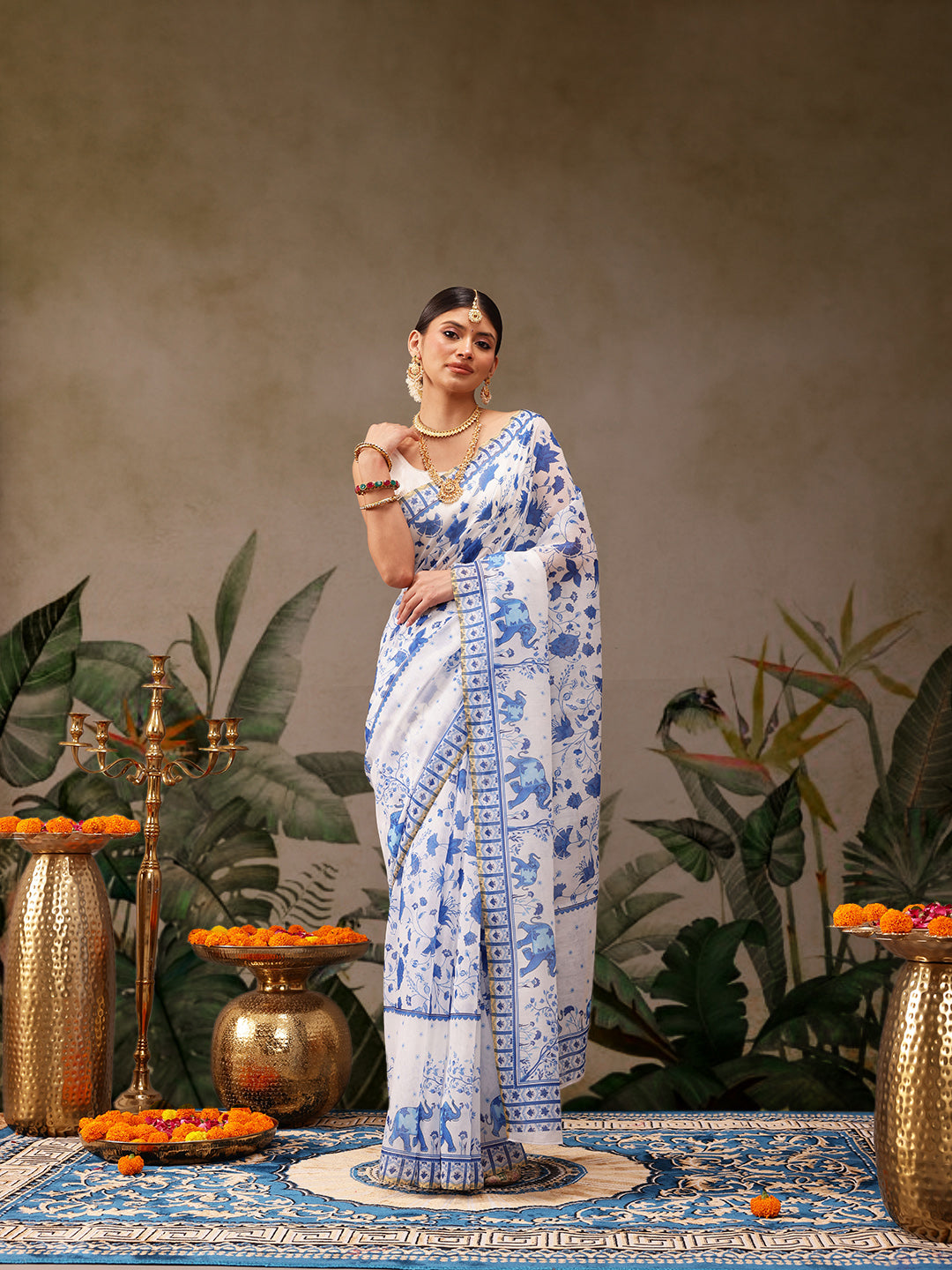 Hiral Fashion White Chanderi Cotton Blend Floral Digital Print Saree | Swadesiicart