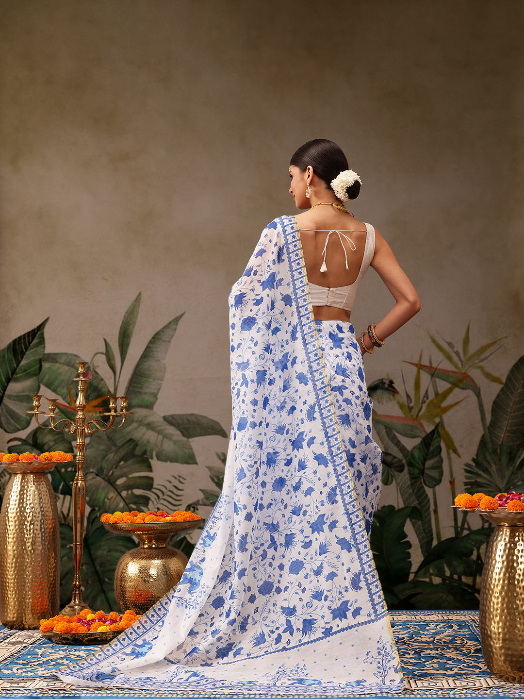 Hiral Fashion White Chanderi Cotton Blend Floral Digital Print Saree | Swadesiicart