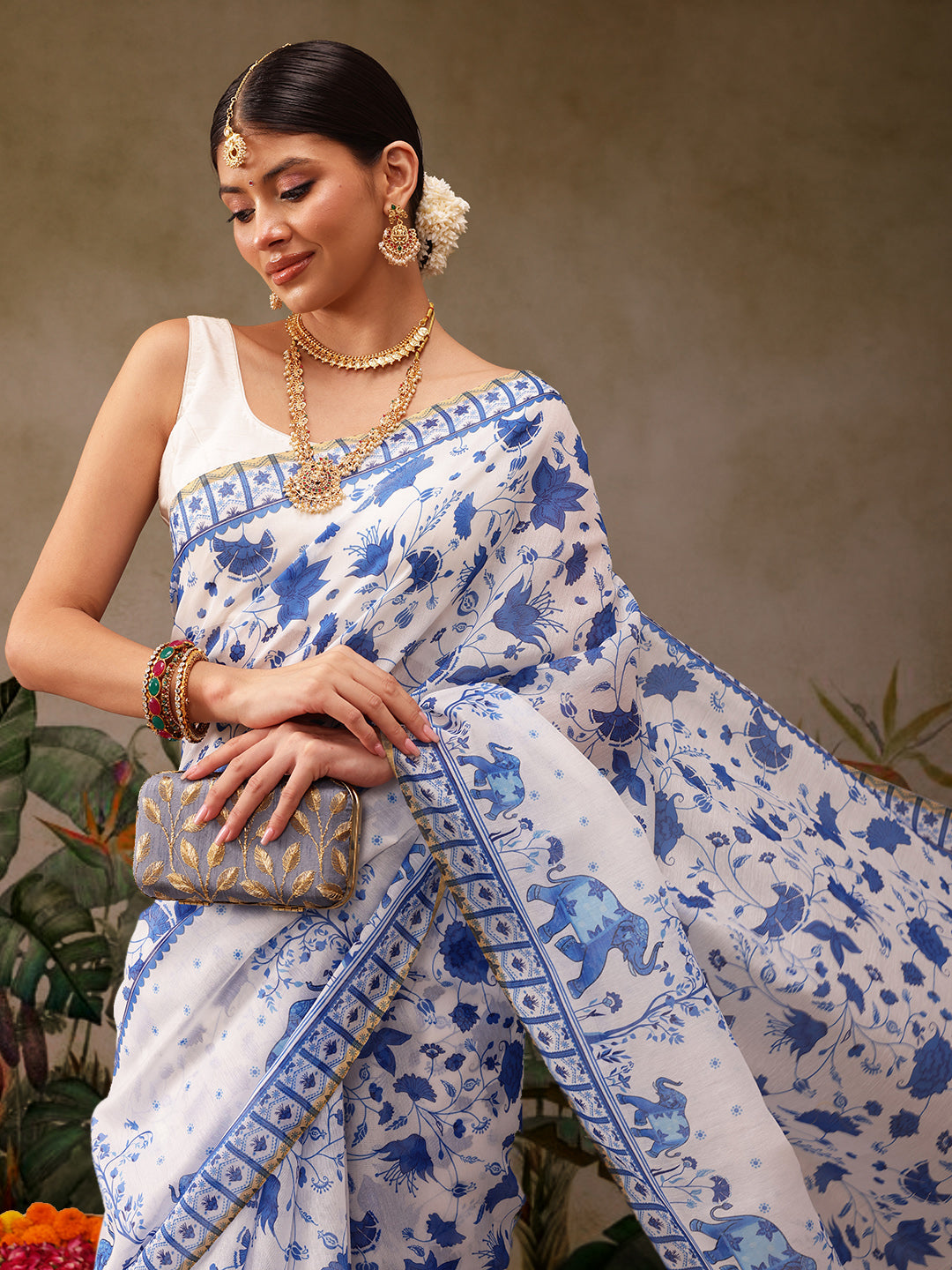 Hiral Fashion White Chanderi Cotton Blend Floral Digital Print Saree | Swadesiicart
