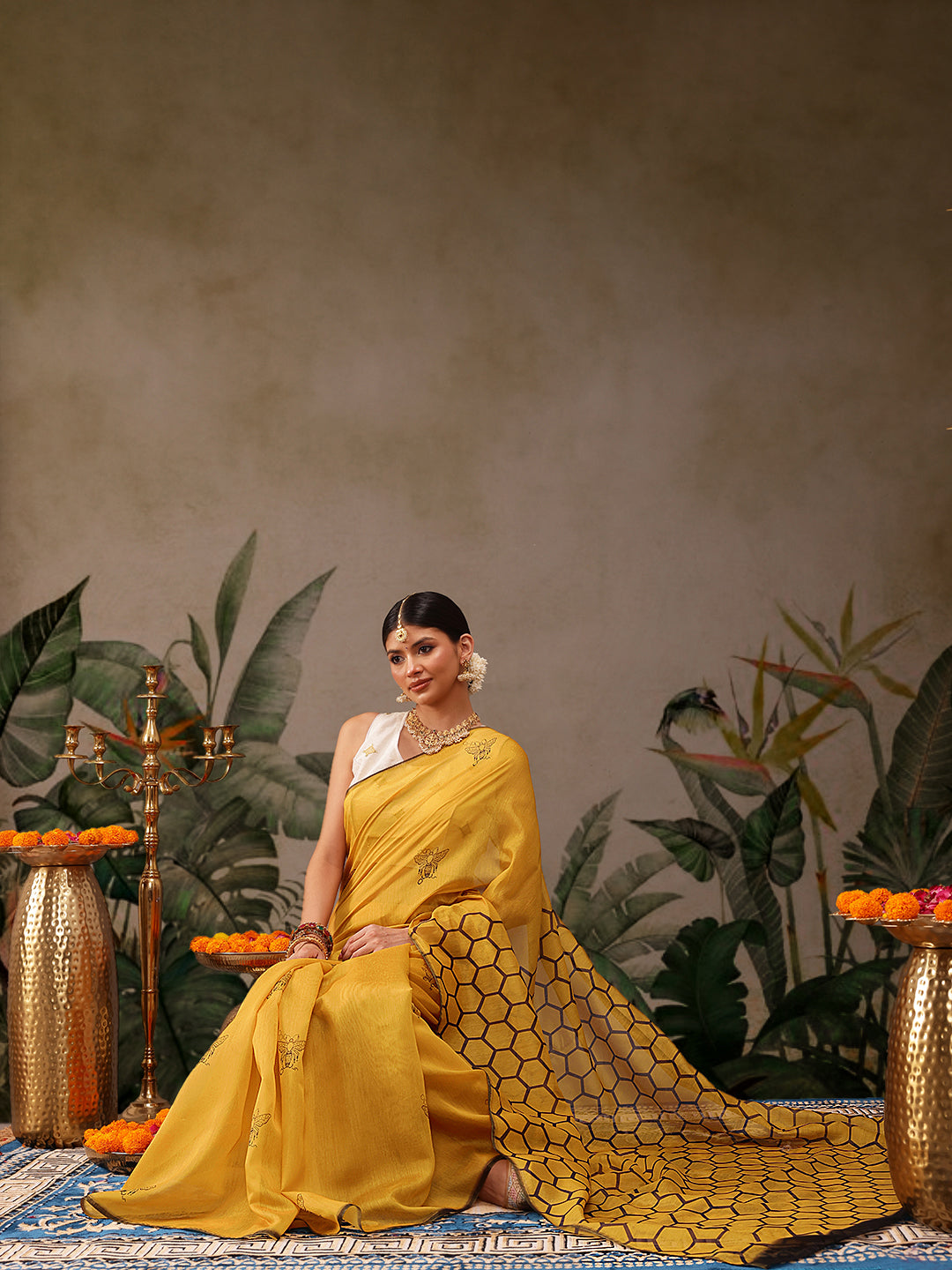 Hiral Fashion Yellow Chanderi Cotton Blend Animal Digital Print Saree | Swadesiicart