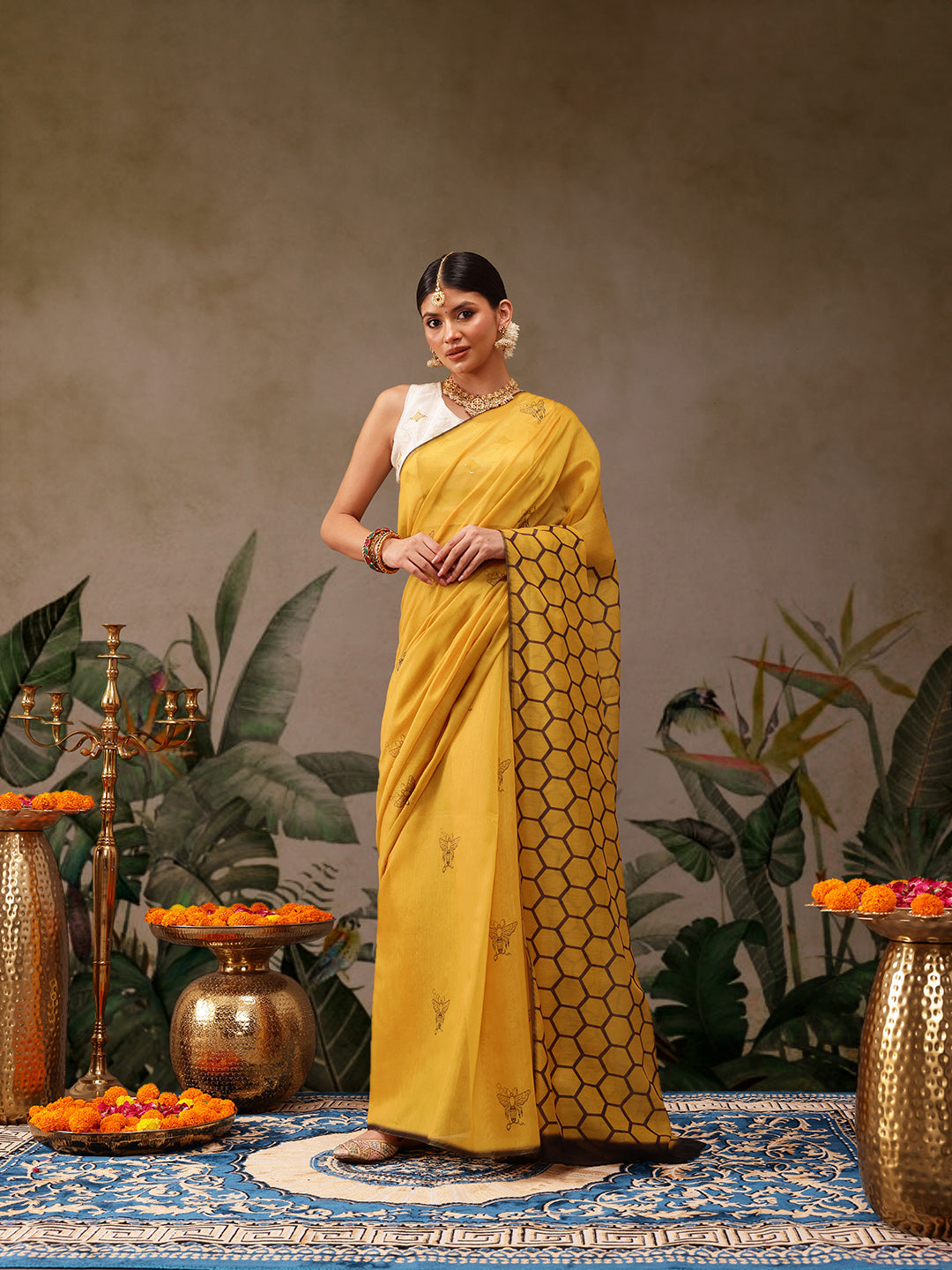 Hiral Fashion Yellow Chanderi Cotton Blend Animal Digital Print Saree | Swadesiicart