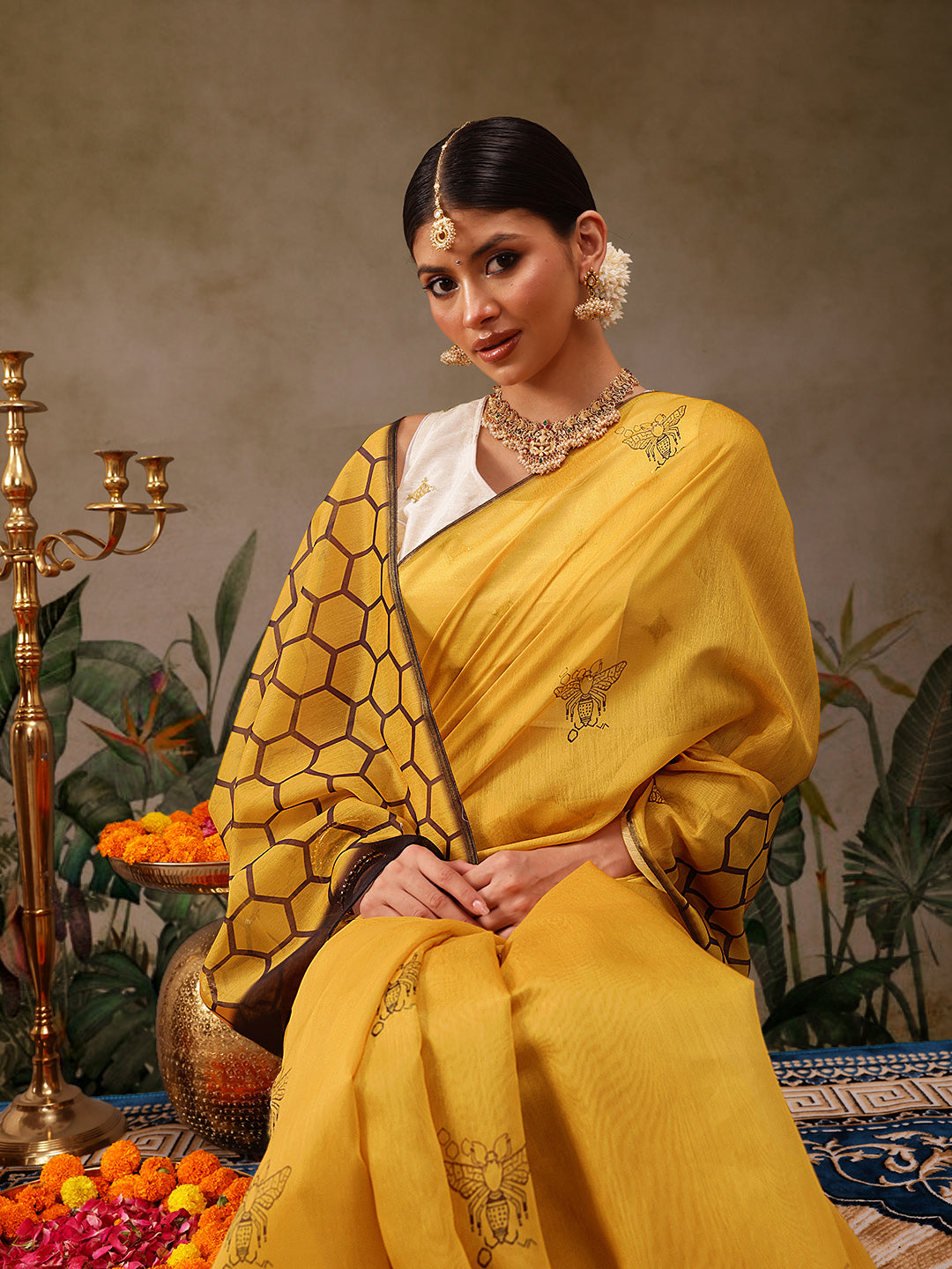 Hiral Fashion Yellow Chanderi Cotton Blend Animal Digital Print Saree | Swadesiicart