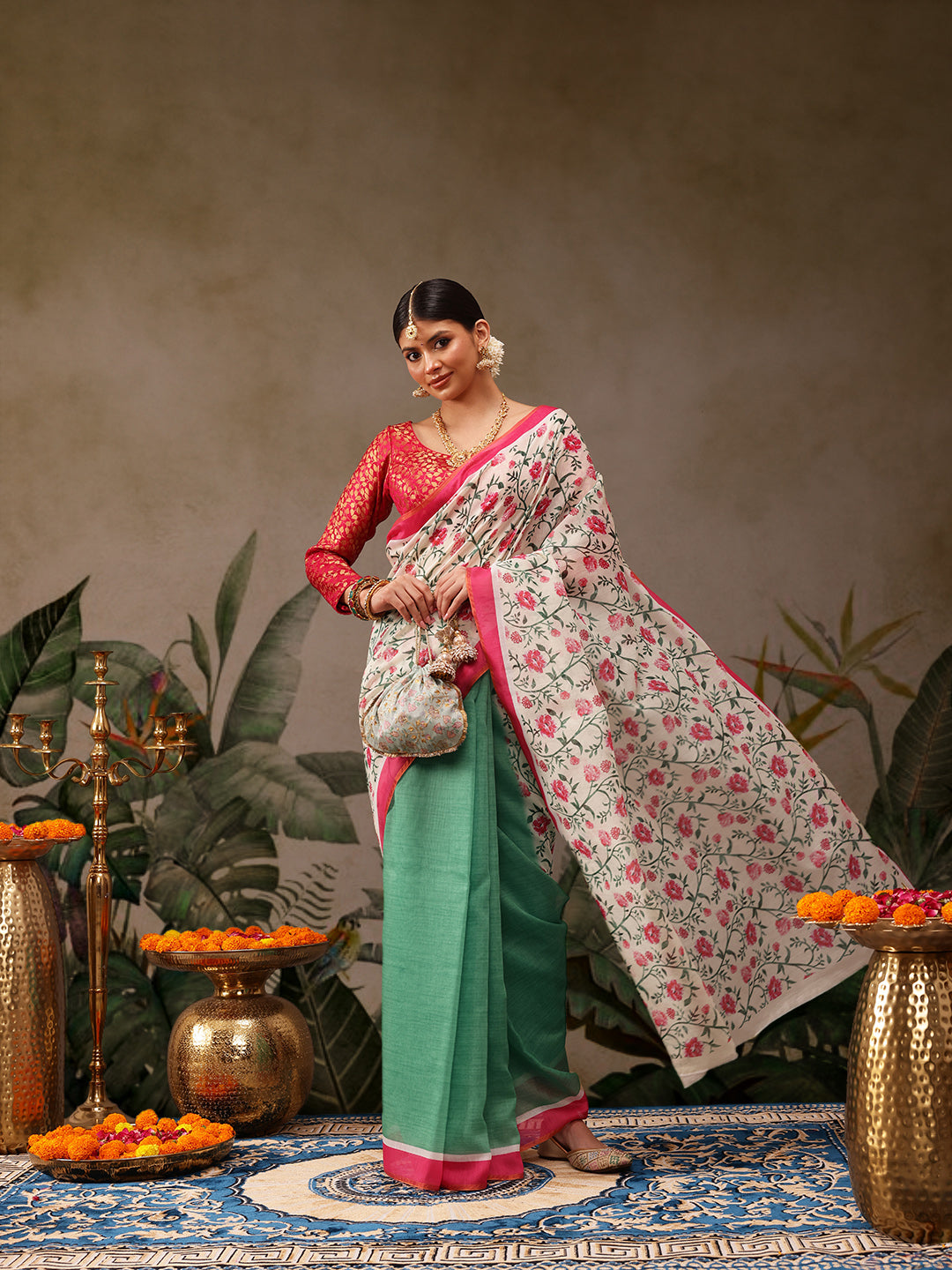 Hiral Fashion Green Chanderi Cotton Blend Floral Digital Print Saree | Swadesiicart