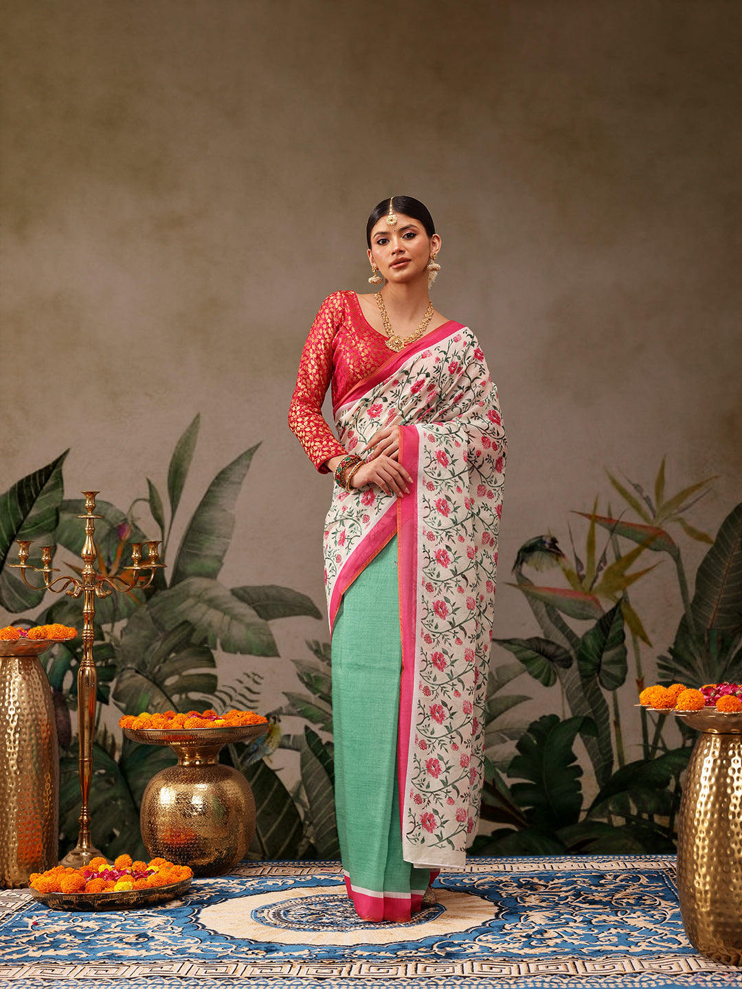 Hiral Fashion Green Chanderi Cotton Blend Floral Digital Print Saree | Swadesiicart