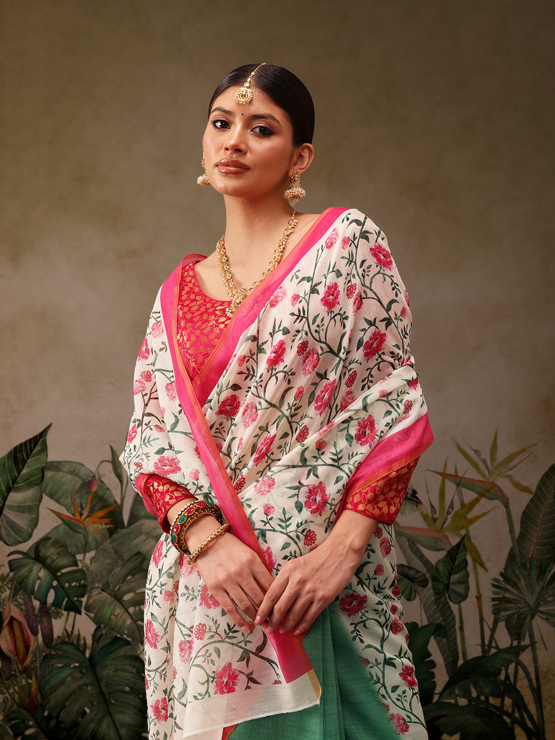 Hiral Fashion Green Chanderi Cotton Blend Floral Digital Print Saree | Swadesiicart