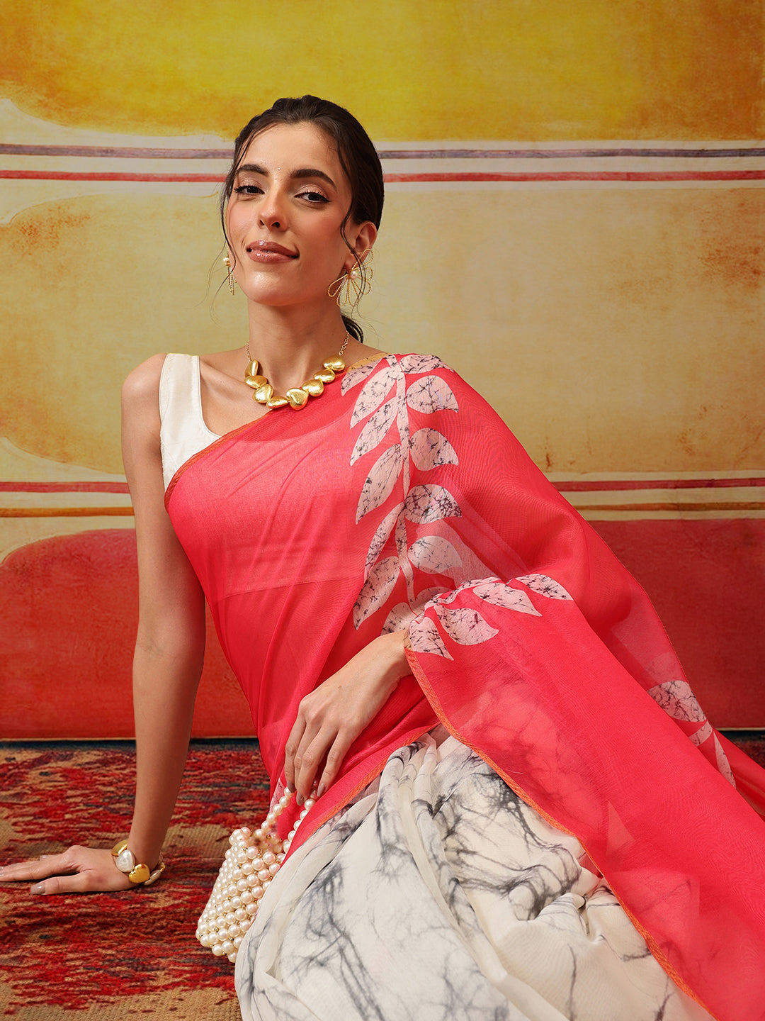 Hiral Fashion White Chanderi Cotton Blend Abstract Digital Printed Saree | Swadesiicart