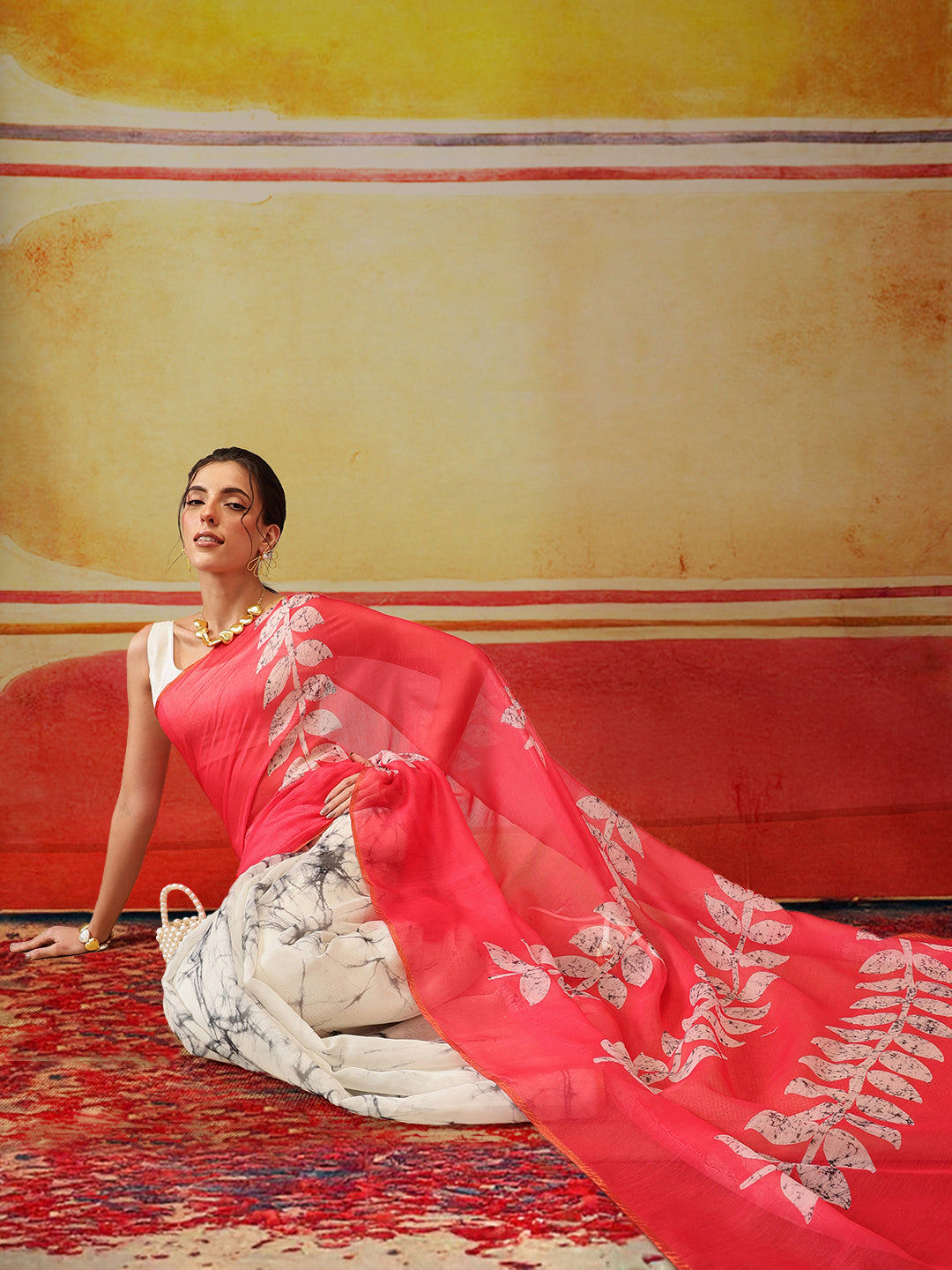 Hiral Fashion White Chanderi Cotton Blend Abstract Digital Printed Saree | Swadesiicart