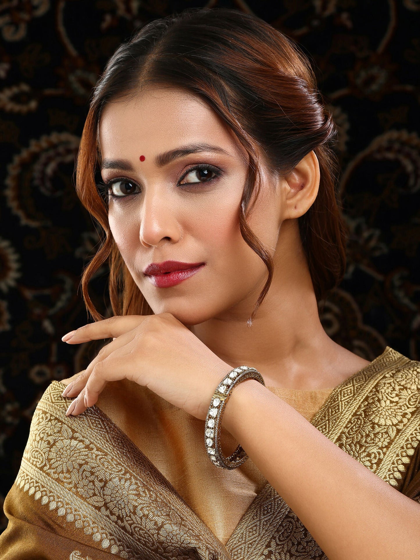 Ruby Raang 22k Gold Polished Kundan Bracelet | Swadesiicart