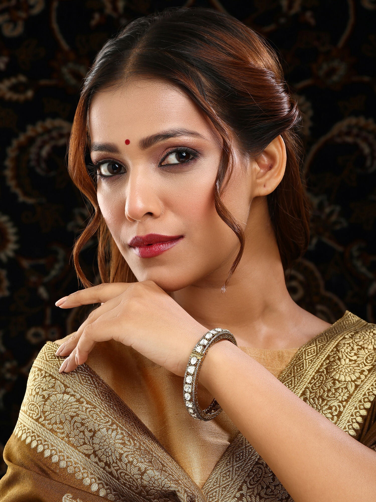 Ruby Raang 22k Gold Polished Kundan Bracelet | Swadesiicart