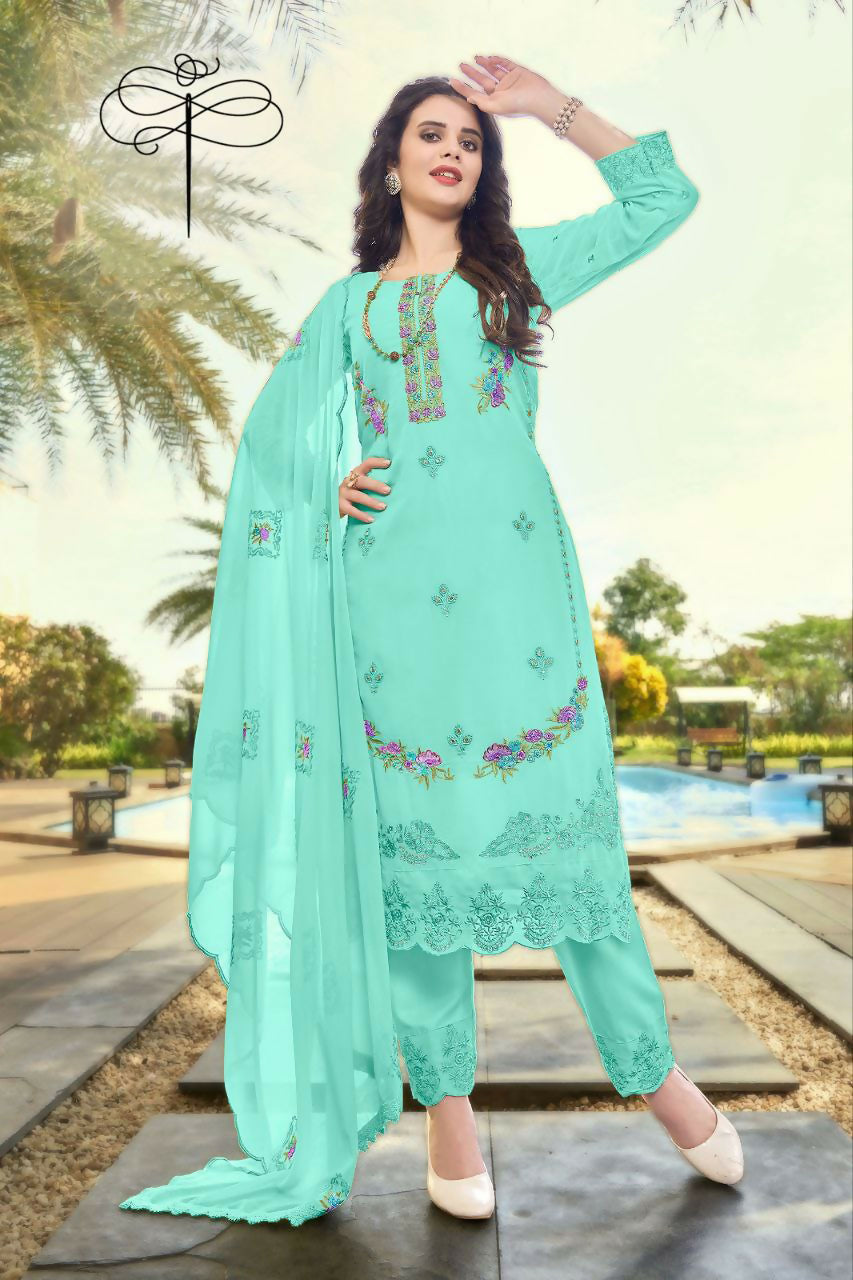 Jyoti Fashion Women's Turquoise Faux Georgette Heavy Embroidery and Moti Work Kurta Set | Swadesiicart