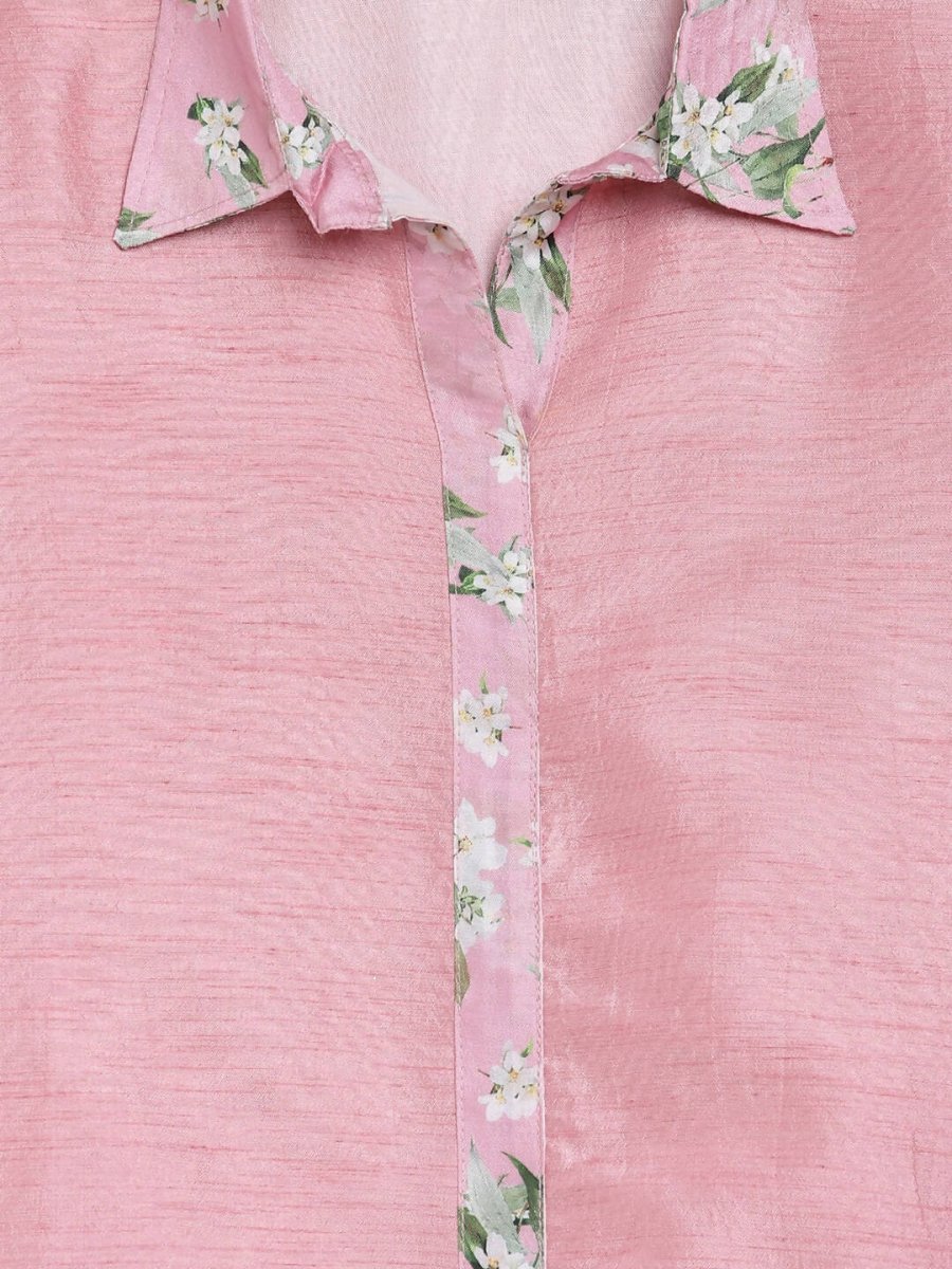 Ahalyaa Pink Poly Silk Solid Kids Kurta with Printed Pant Set For Girls | Swadesiicart