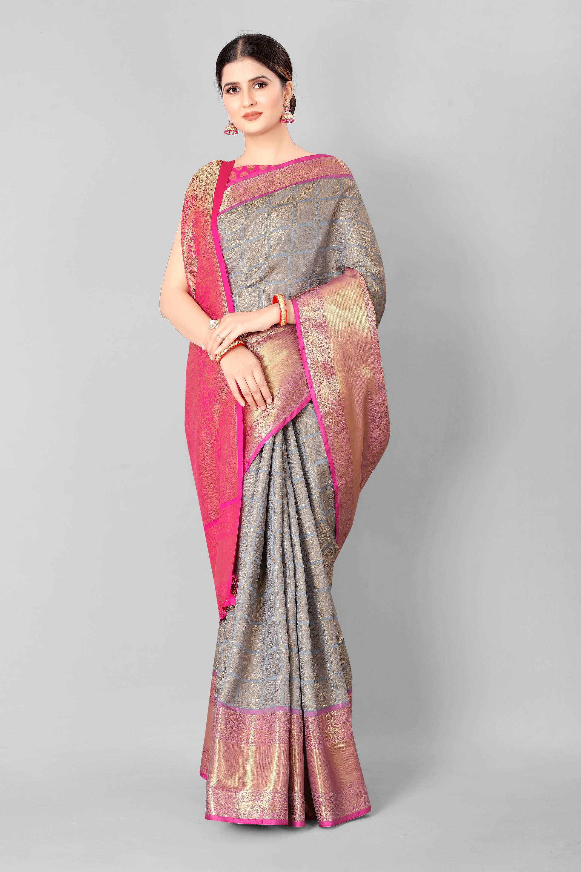 Hiral Fashion Grey Banarasi Silk Blend Geomatric Woven Design Saree | Swadesiicart