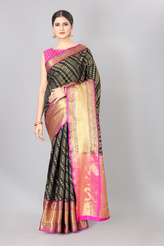 Olive Banarasi Silk Woven Zari Design Striped Saree with Unstitched Blouse - Hiral Fashion | Swadesiicart