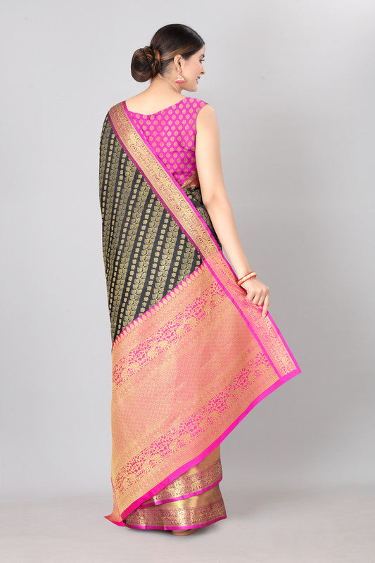 Olive Banarasi Silk Woven Zari Design Striped Saree with Unstitched Blouse - Hiral Fashion | Swadesiicart