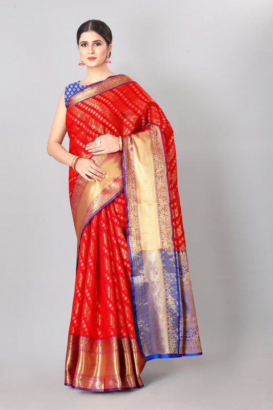 Red Silk Blend Woven Zari Design Abstract Saree with Unstitched Blouse - Hiral Fashion | Swadesiicart