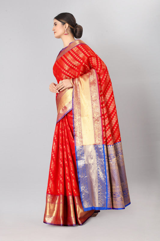 Red Silk Blend Woven Zari Design Abstract Saree with Unstitched Blouse - Hiral Fashion | Swadesiicart