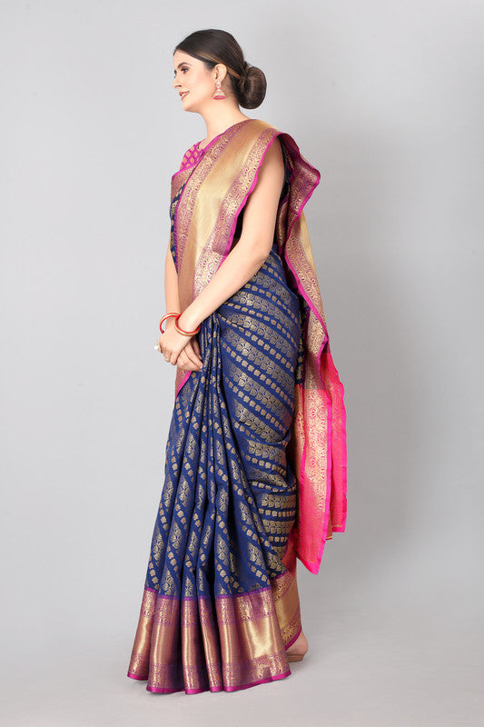 Navy Blue Banarasi Silk Woven Zari Design Striped Saree with Unstitched Blouse - Hiral Fashion | Swadesiicart